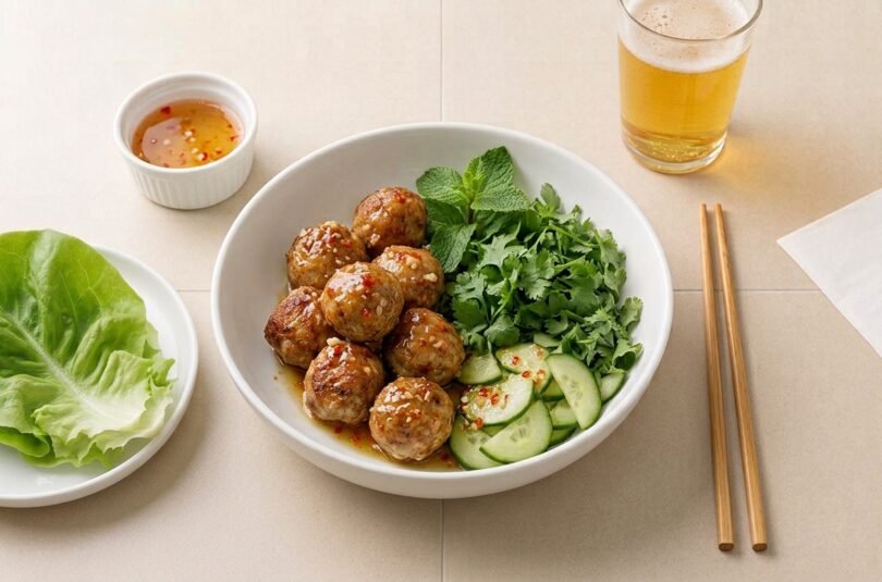 Boulettes de Porc au nuoc cham, concombre et menthe